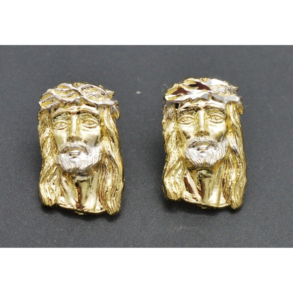 Real 10k Yellow Gold Jesus Head Diamond Cut Stud Earrings 2.7gr